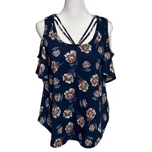 THREADS Studio Navy Blue w/ Flowers Off Shoulder Top